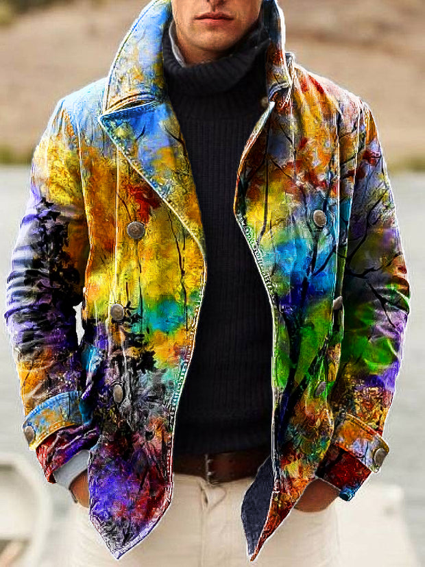 Gentleman Vintage Abstract Woods Oil Painting Art Print Lapel Double Breasted Jacket