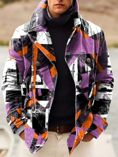 Men's Cool Abstract Geometric Fashion Digital Print Double-Breasted Jacket