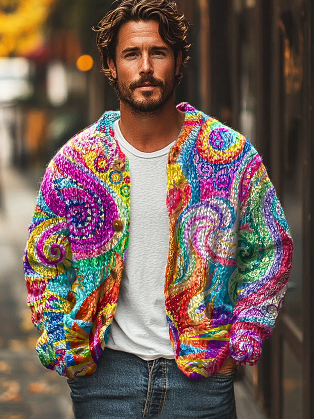 Gentleman Casual Colorful Abstract Art Print Sweater Cardigan