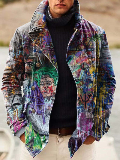 Men's cool handsome graffiti fashion digital print double-breasted jacket