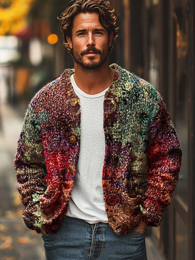 Men's vintage gentleman fashion digitally printed sweater cardigan jacket