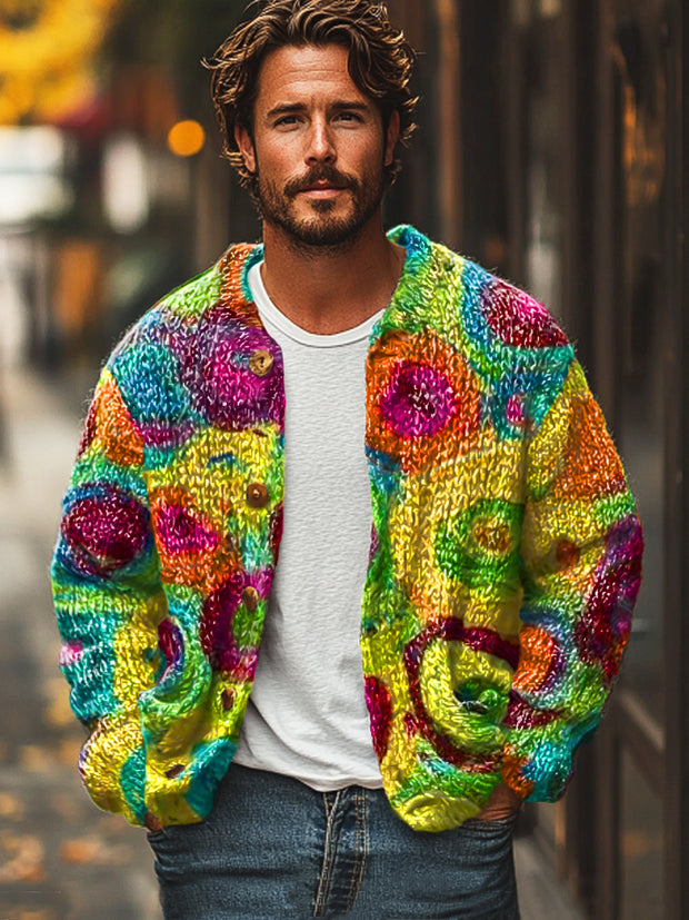 Gentleman Vintage Colorful Round Abstract Casual Art Print Sweater Cardigan