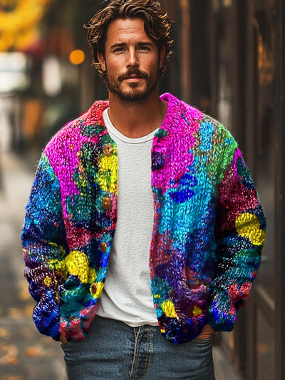 Men's colorful abstract texture digitally printed sweater cardigan jacket