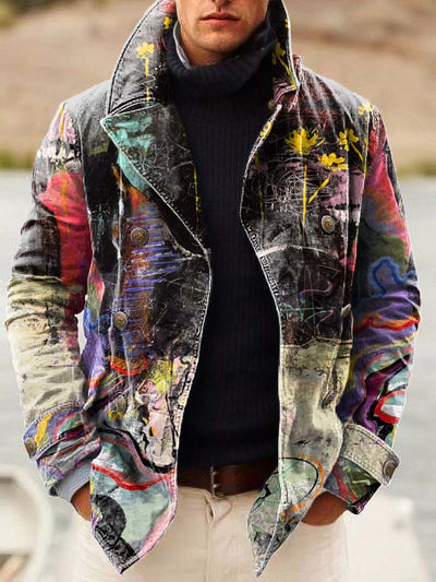 Men's trend abstract graffiti fashion digital print double-breasted jacket