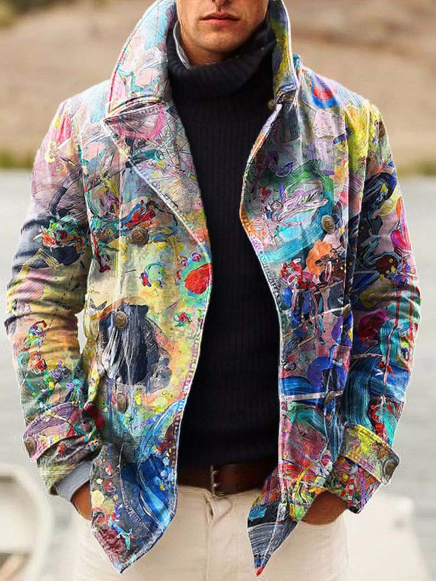 Men's cool abstract graffiti fashion digital print double-breasted jacket