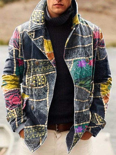 Gentleman Vintage Denim Colorblocking Art Print Lapel Double Breasted Jacket