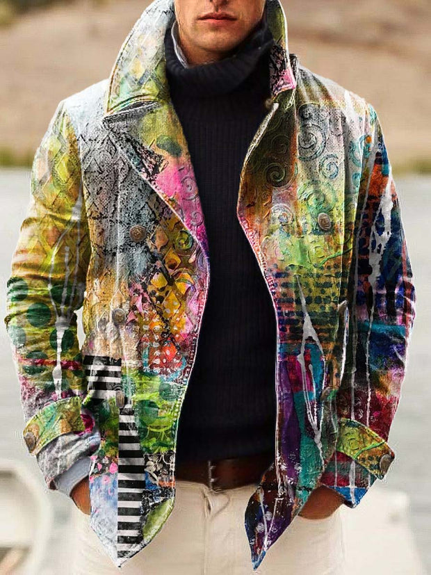 Men's abstract graffiti fashion print double-breasted jacket