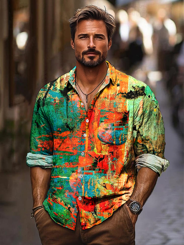 Gentleman Vintage Abstract Color Art Print Long Sleeve Pocket Shirt