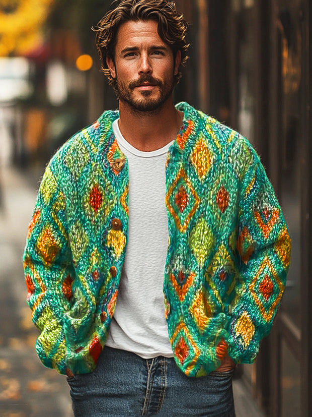 Gentleman Vintage Green Ethnic Art Print Sweater Cardigan