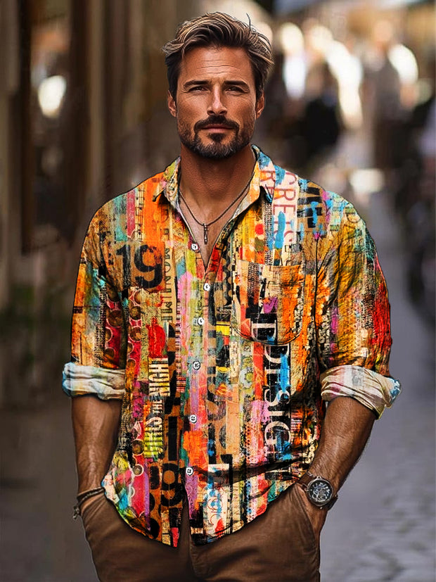 Gentleman Vintage Abstract Colorful Art Print Long Sleeve Pocket Shirt