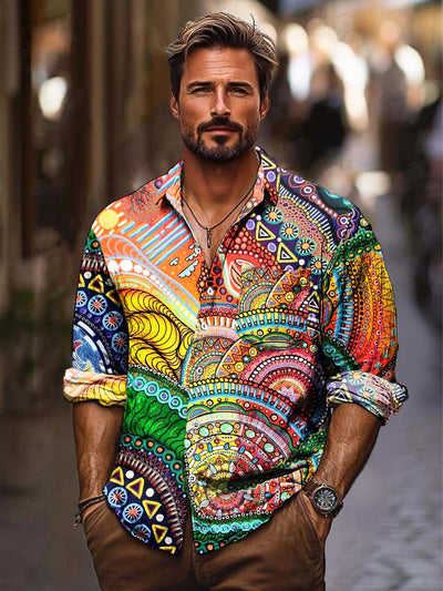 Men's abstract vintage fashion print long sleeve lapel shirt