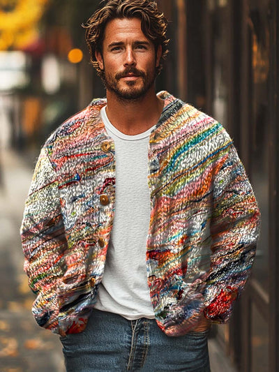 Men's Simple Abstract Fashion Art Print Sweater Cardigan Jacket