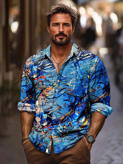 Men's trendy technology versatile fashion print long-sleeved lapel shirt