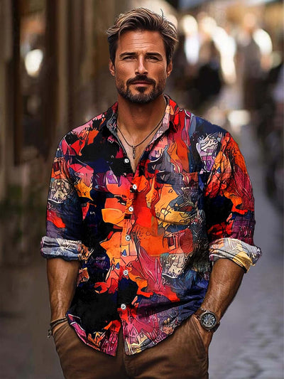 Men's trendy domineering fashion print long-sleeved lapel shirt