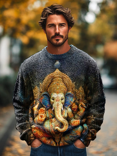 Gentleman Vintage Mystery Ganesha Spirit Printed Knit Crew Neck Pullover Hoodie