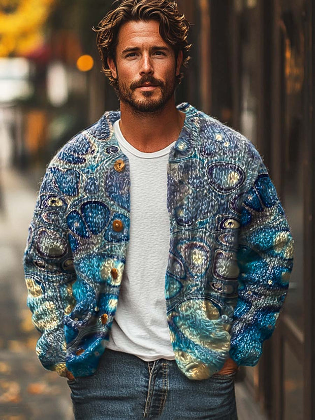 Men's abstract geometric fashion print sweater cardigan jacket