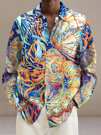 Men's trendy abstract fashion art print long sleeve lapel shirt