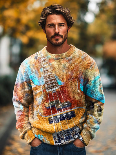 Gentleman Vintage Guitar Ink Painting Art Print Knit Crew Neck Pullover Shirt