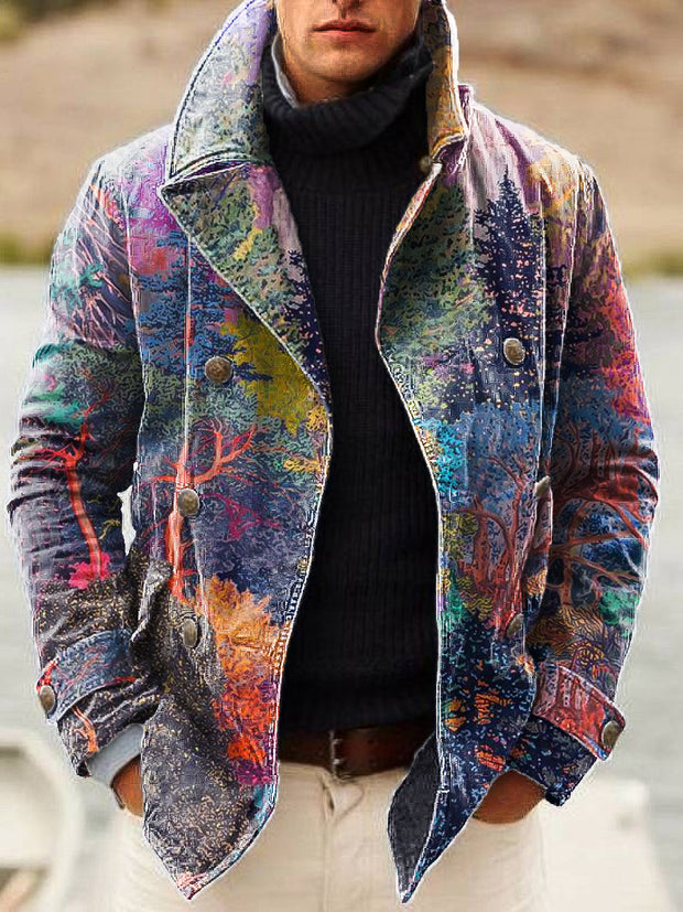 Gentleman Vintage Abstract Forest Art Print Lapel Double Breasted Jacket