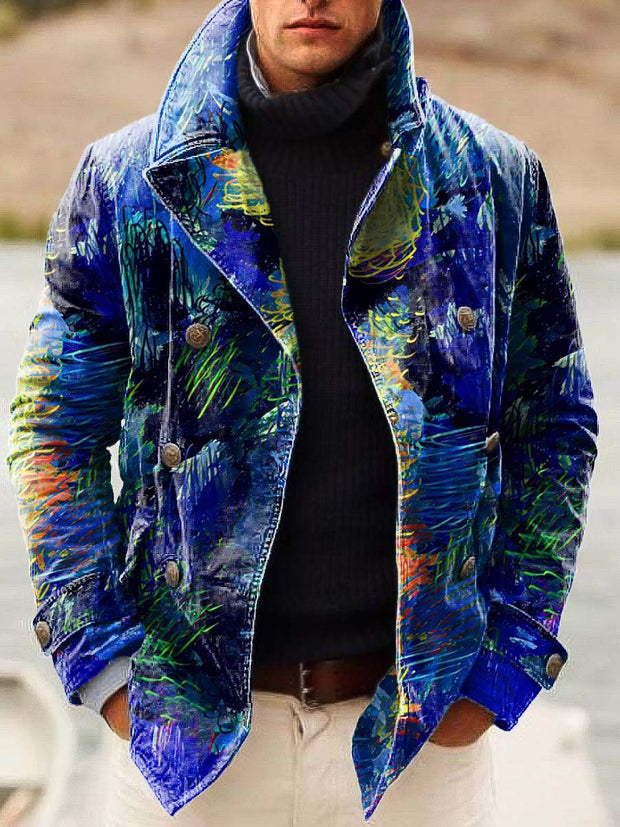 Men's cool abstract art fashion print double-breasted jacket