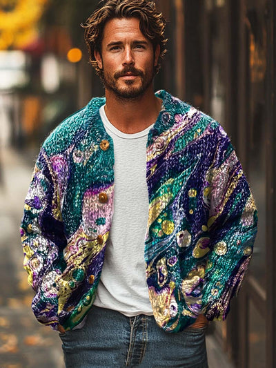 Men's abstract texture fashion print sweater cardigan jacket