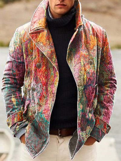 Gentleman Vintage Abstract Gradient Textured Art Print Lapel Double Breasted Jacket