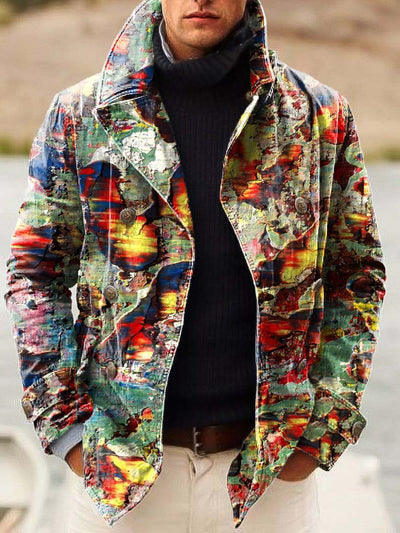 Men's scorched abstract art fashion print double-breasted jacket