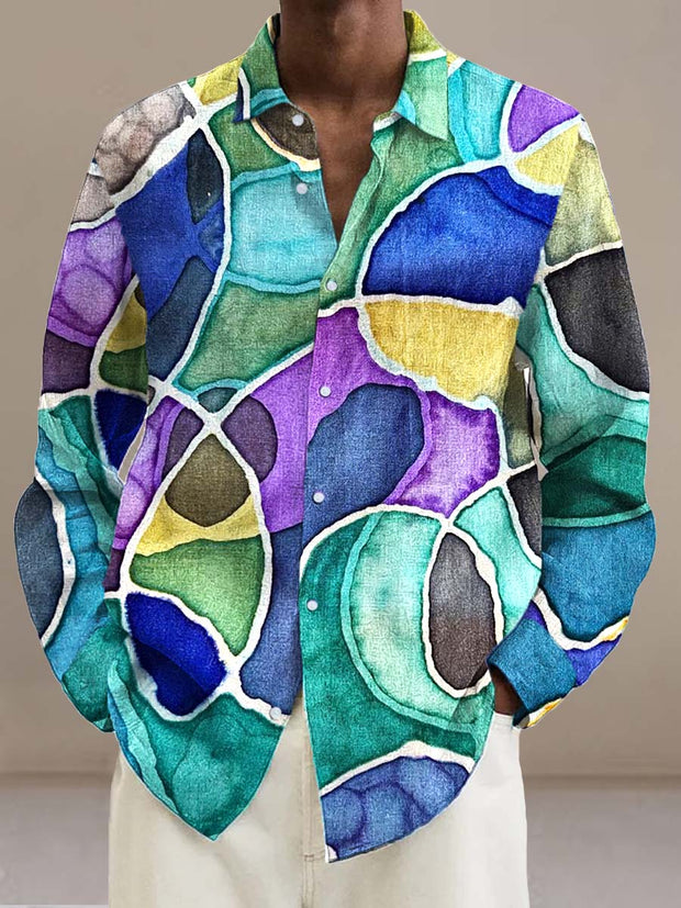 Men's abstract color block fashion art print long sleeve roll-neck shirt