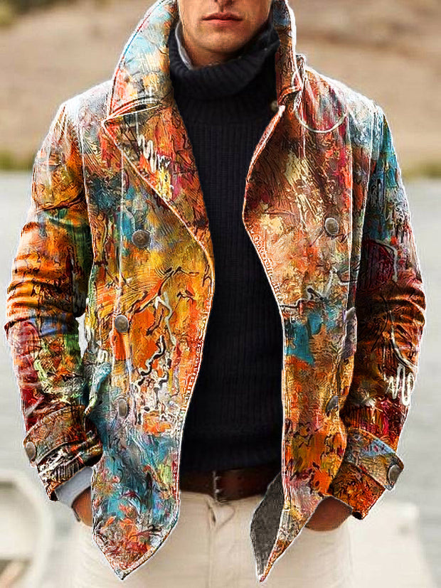 Gentleman Vintage Abstract Oil Painting Art Print Lapel Double Breasted Jacket