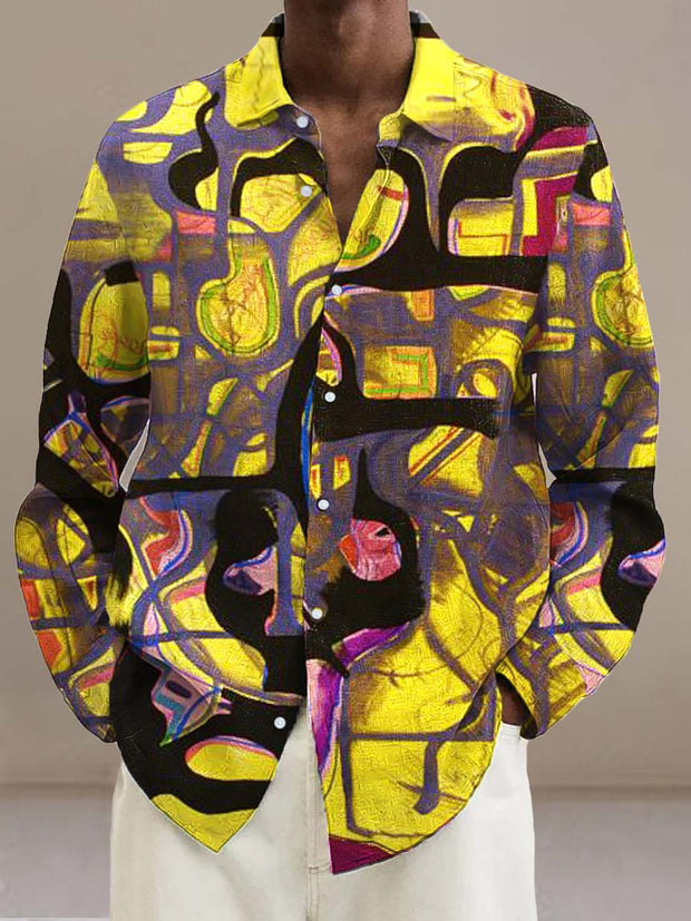 Men's abstract art fashion print long sleeve lapel shirt