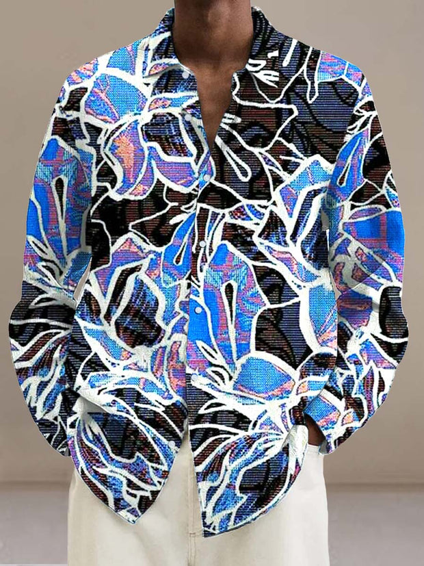 Men's abstract floral fashion print long sleeve lapel shirt