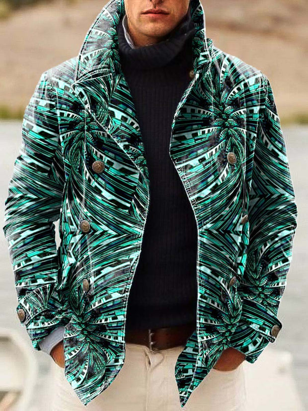 Men's double-breasted jacket with abstract lines entwined with fashionable print