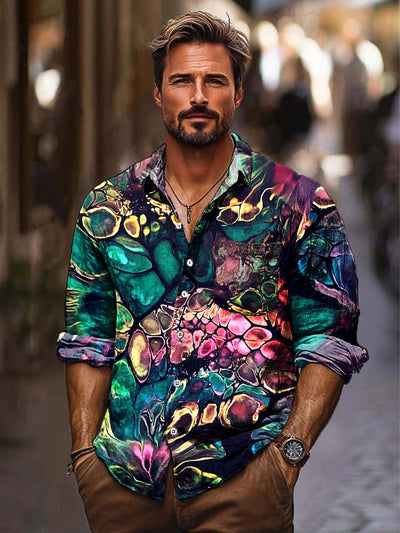 Men's classic vintage fashion print long-sleeved roll-neck shirt