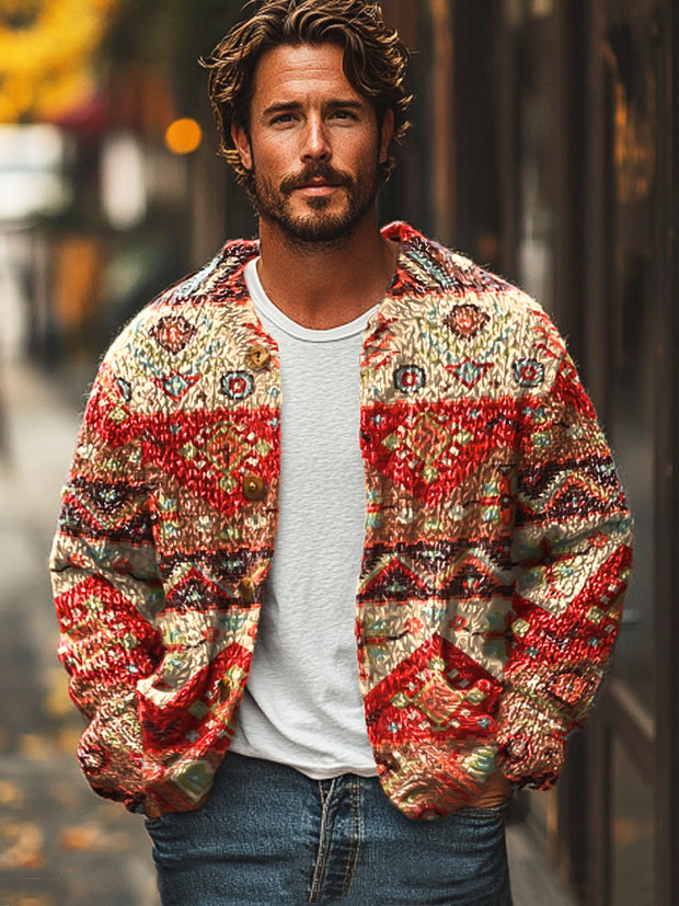 Gentleman Vintage Christmas Red Ethnic Art Print Sweater Cardigan