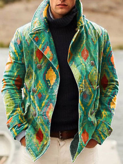 Gentleman Vintage Ethnic Geometric Floral Art Print Lapel Double Breasted Jacket