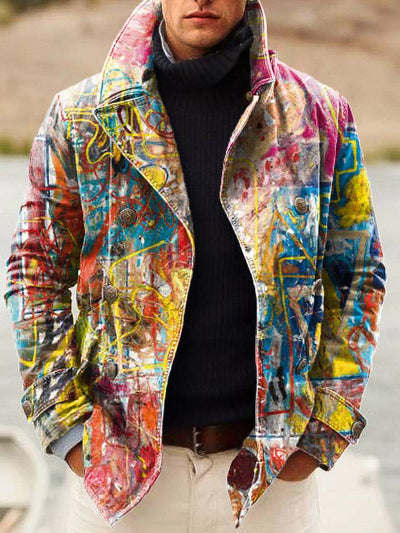 Gentleman's fashion graffiti art print double-breasted jacket