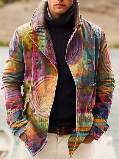 Gentlemanly abstract art print double-breasted jacket