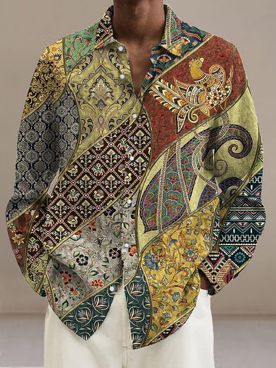 Gentleman Vintage Ethnic Style Patchwork Art Print Long Sleeve Shirt