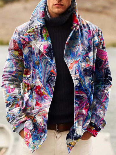 Gentleman's trendy multicolored abstract print double-breasted jacket