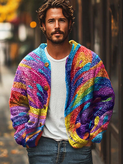 Gentleman rainbow abstract line print sweater cardigan