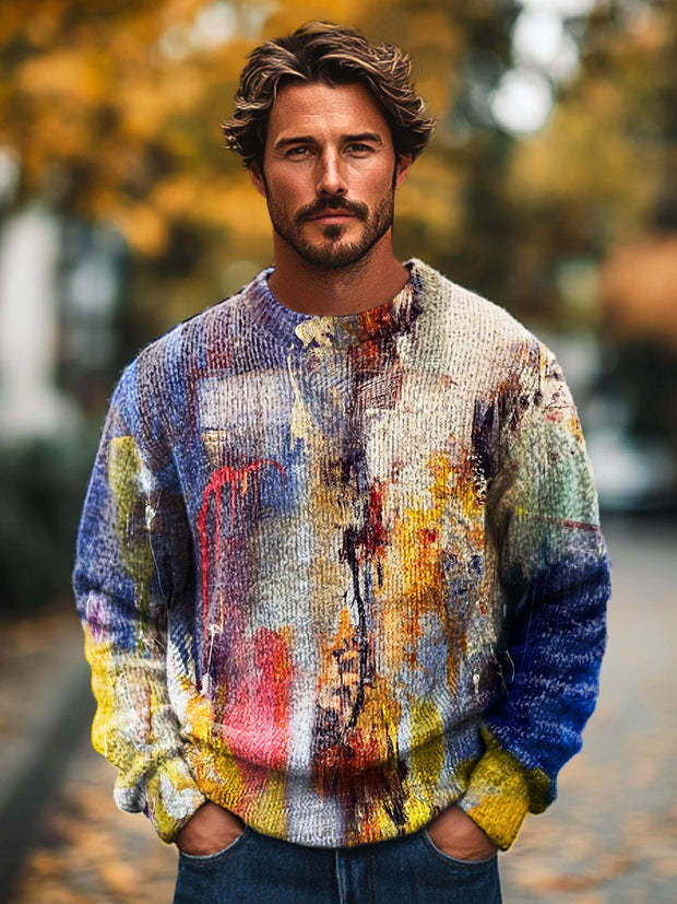 Gentleman Vintage Abstract Colorful Graffiti Art Print Knit Crew Neck Pullover