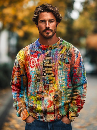 Gentleman's Vintage Abstract Painted Graffiti Art Print Knit Crew Neck Pullover