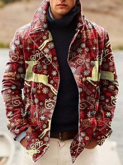 Gentleman's Christmas Elk fashion print double-breasted jacket