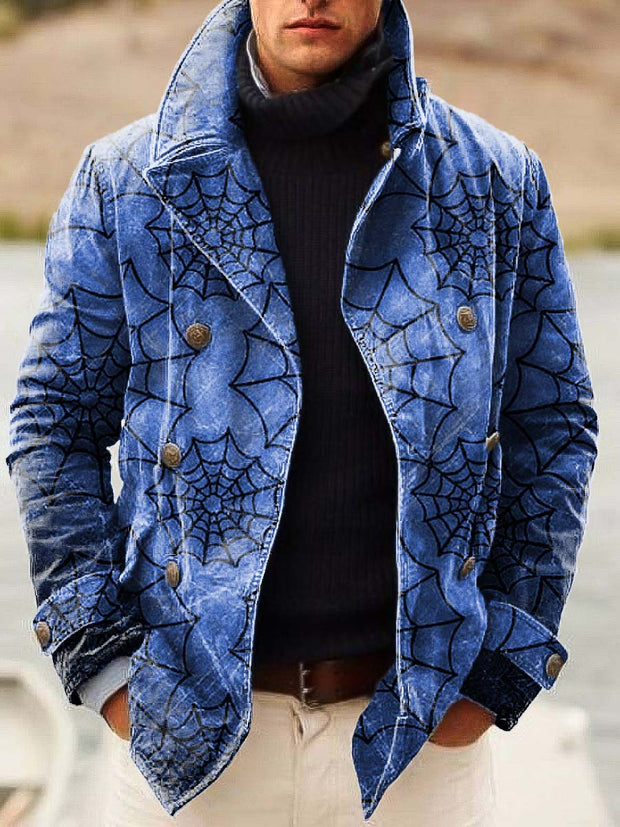 Gentleman's chic statement spider web print double-breasted jacket