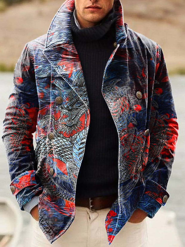 Gentleman's multicolored dragon fashion print double-breasted jacket