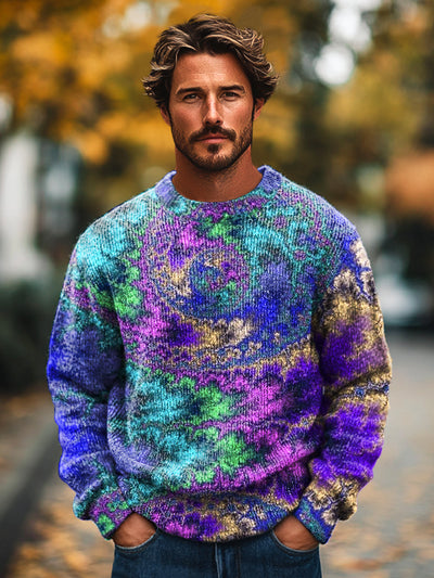 Gentleman's Vintage Abstract Multicolor Art Print Knit Crew Neck Pullover