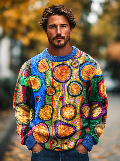 Gentleman Vintage Colorful Irregular Art Print Knit Crew Neck Pullover Sweater