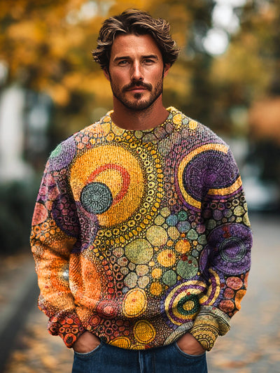 Gentleman Vintage Colorful Irregular Circle Art Print Knit Crew Neck Pullover Shirt