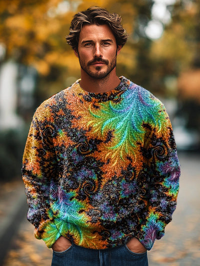 Gentleman's Vintage Abstract Textured Swirl Art Print Knit Crew Neck Pullover Sweatshirt