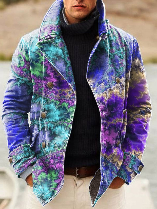 Gentleman Vintage Abstract Swoosh Textured Art Print Lapel Double Breasted Jacket